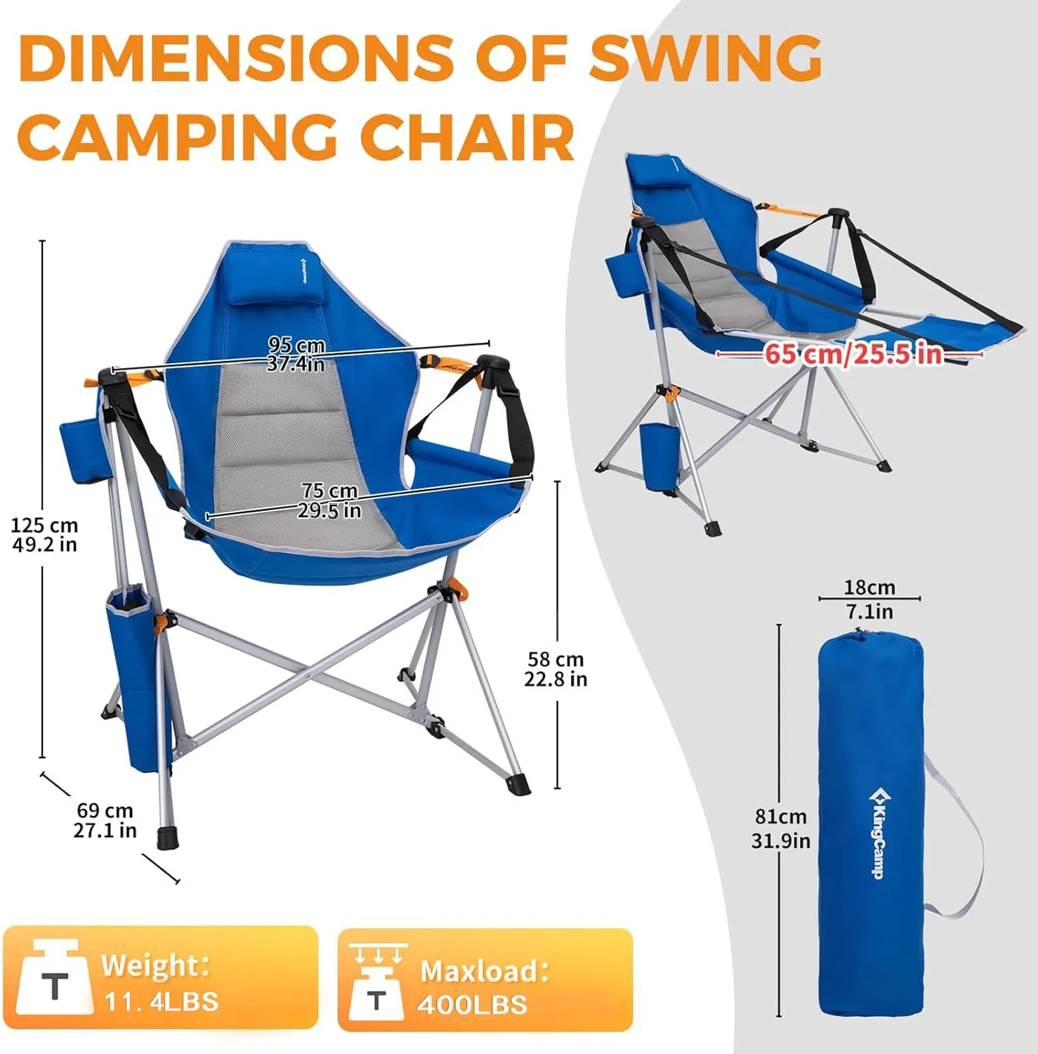 KingCamp Hammock Chair with Footrest, Swinging Portable Folding Camping Chairs for Adults 400lbs Heavy Duty Foldable Oversized Rocker with Cup Holder Pillow for Outdoor Beach Patio Sport Lawn