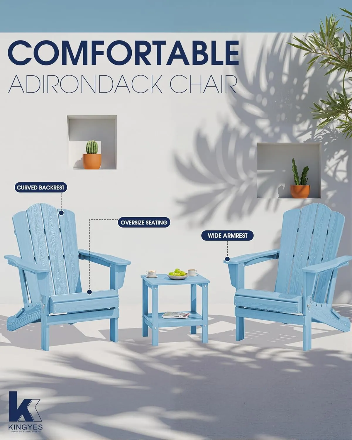 KINGYES Folding Adirondack Chair, HDPE All-Weather Patio Chairs, Wooden Textured Lawn Chair for Poolside, Backyard, Deck, Fire Pit, Light Blue