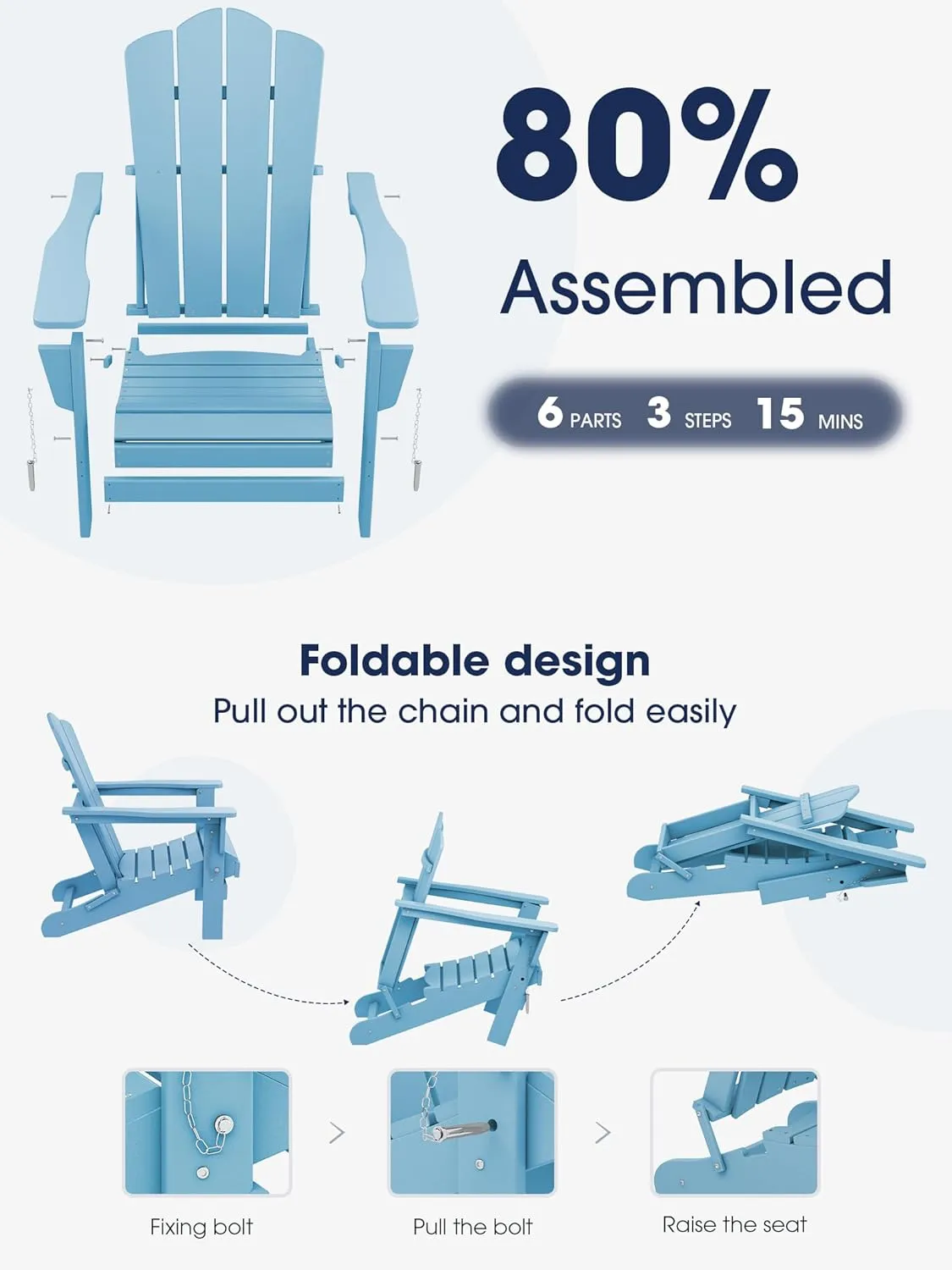 KINGYES Folding Adirondack Chair, HDPE All-Weather Patio Chairs, Wooden Textured Lawn Chair for Poolside, Backyard, Deck, Fire Pit, Light Blue