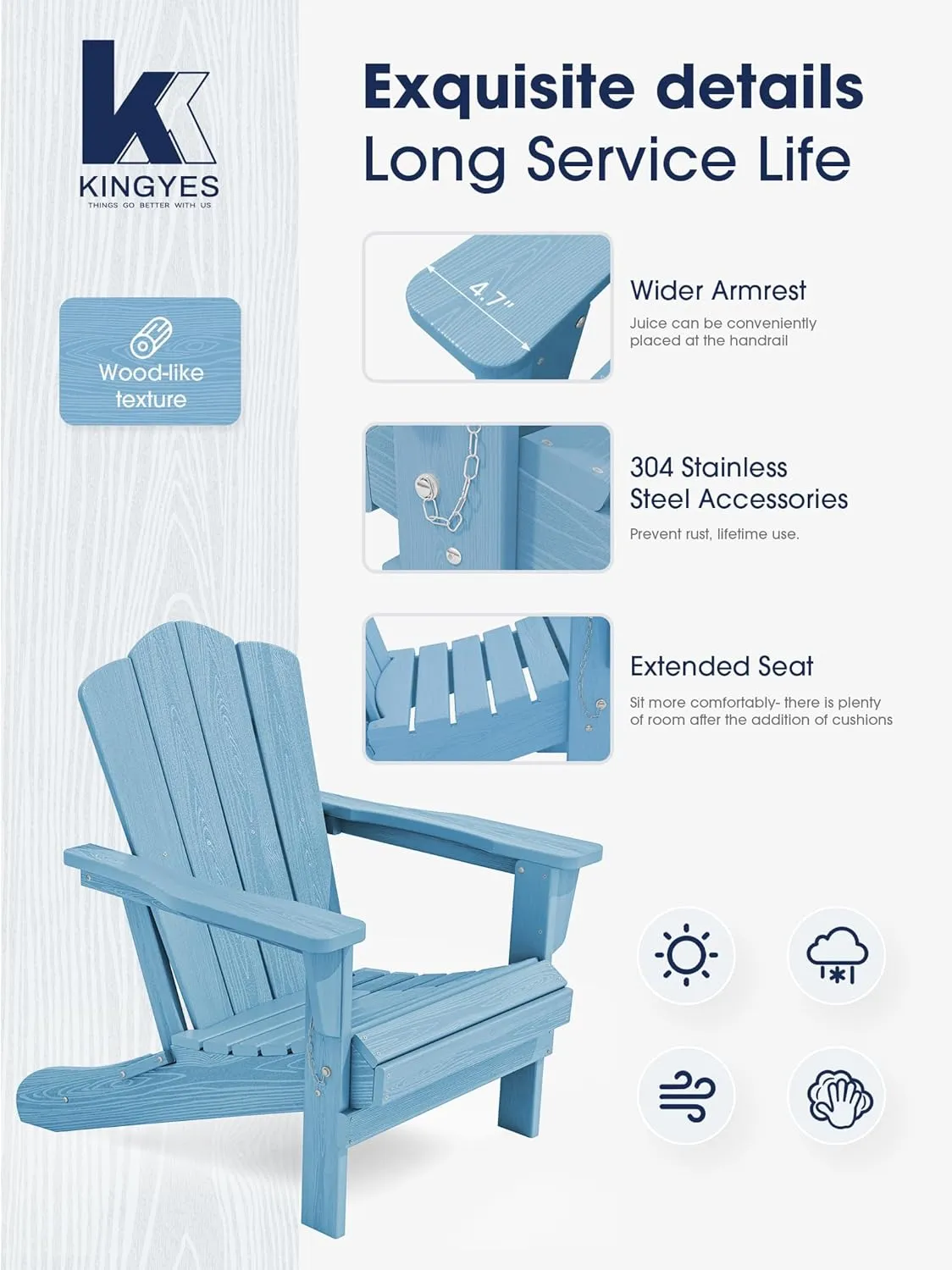 KINGYES Folding Adirondack Chair, HDPE All-Weather Patio Chairs, Wooden Textured Lawn Chair for Poolside, Backyard, Deck, Fire Pit, Light Blue