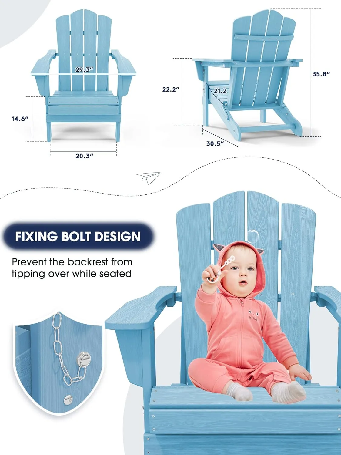 KINGYES Folding Adirondack Chair, HDPE All-Weather Patio Chairs, Wooden Textured Lawn Chair for Poolside, Backyard, Deck, Fire Pit, Light Blue