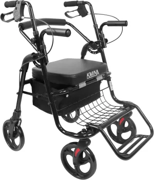 KMINA - Rollator Wheelchair Combo for Smooth Terrain, 2 in 1 Transport Chair, Folding Walker with Seat, Seniors, Dual (Black)