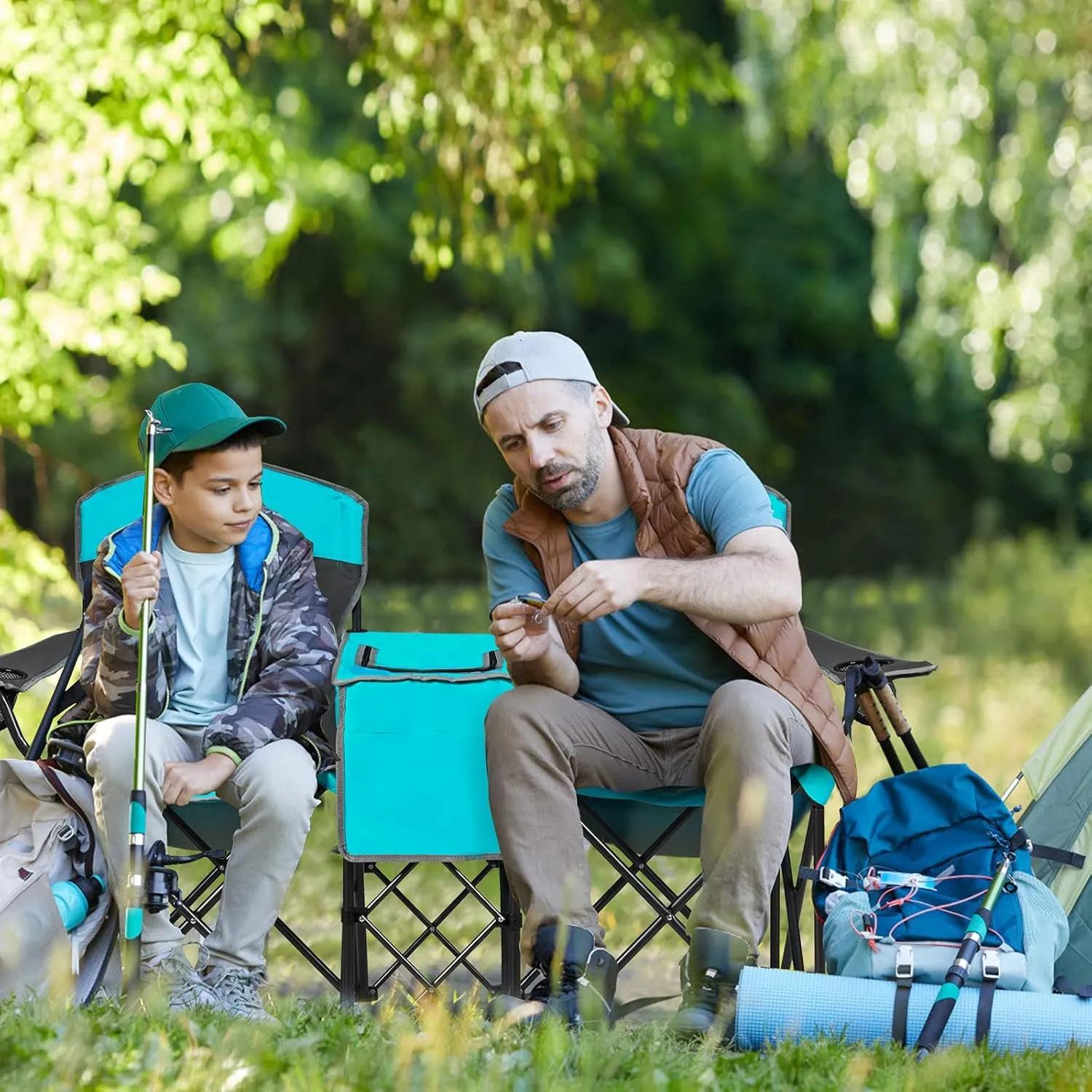 KOTEK Double Camping Chair with Canopy, 2-Person Canopy Chair with Mini Table Cup Holder, Cooler Bag & Carry Bag, Outdoor Folding Chairs for Beach, Lawn, Sports and Outside Activities (Turquoise)