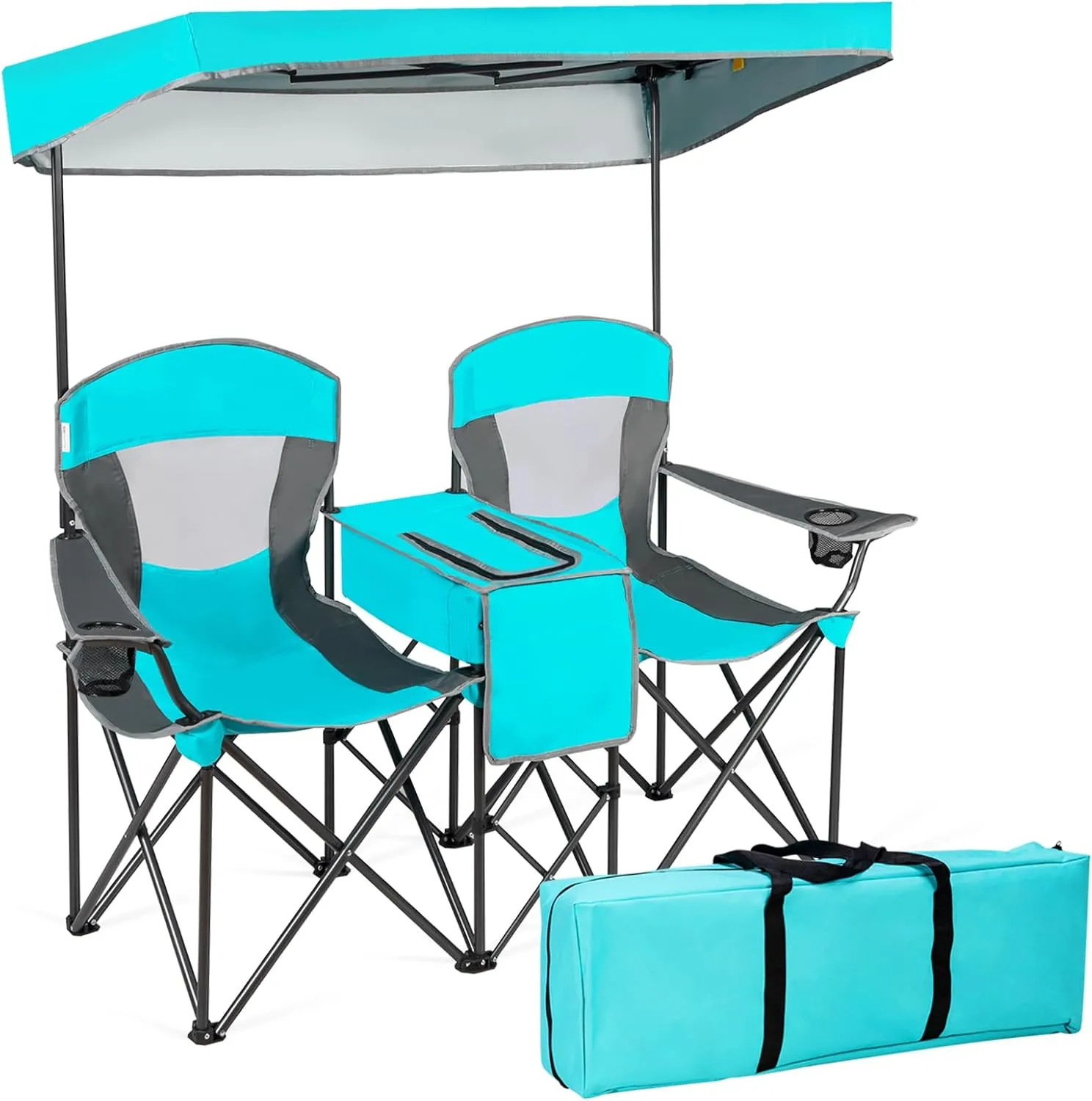 KOTEK Double Camping Chair with Canopy, 2-Person Canopy Chair with Mini Table Cup Holder, Cooler Bag & Carry Bag, Outdoor Folding Chairs for Beach, Lawn, Sports and Outside Activities (Turquoise)