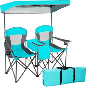 KOTEK Double Camping Chair with Canopy, 2-Person Canopy Chair with Mini Table Cup Holder, Cooler Bag & Carry Bag, Outdoor Folding Chairs for Beach, Lawn, Sports and Outside Activities (Turquoise)
