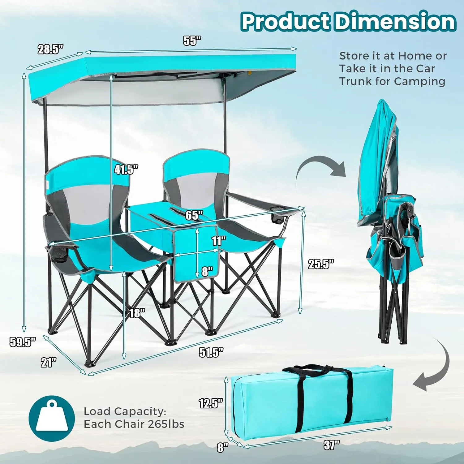 KOTEK Double Camping Chair with Canopy, 2-Person Canopy Chair with Mini Table Cup Holder, Cooler Bag & Carry Bag, Outdoor Folding Chairs for Beach, Lawn, Sports and Outside Activities (Turquoise)