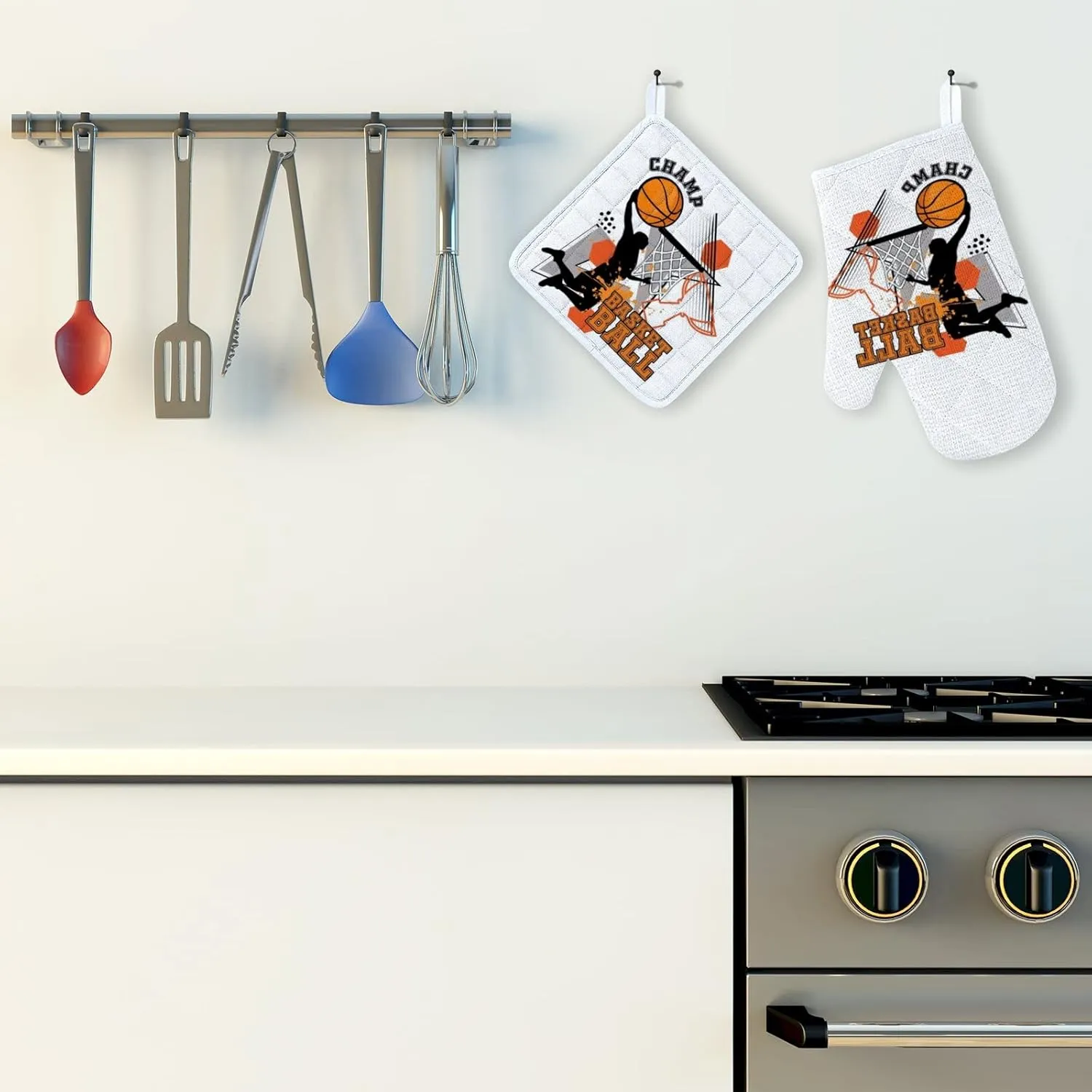 Kuizee Kitchen Cooking Oven Mitts Apron Set 3 Pieces Bright Basketball Player Dunk Insulation Pads Apron Microwave Pot Holders Cooking Baking BBQ Suitable Machine Washable