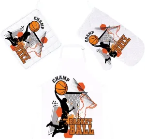 Kuizee Kitchen Cooking Oven Mitts Apron Set 3 Pieces Bright Basketball Player Dunk Insulation Pads Apron Microwave Pot Holders Cooking Baking BBQ Suitable Machine Washable
