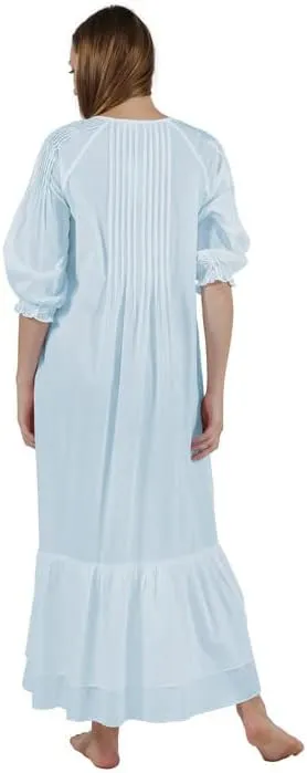 LA CERA Women's 100% Cotton Nightgown, 3/4 Sleeves, Pleated Yoke, Elastic Cuffs, Machine Wash