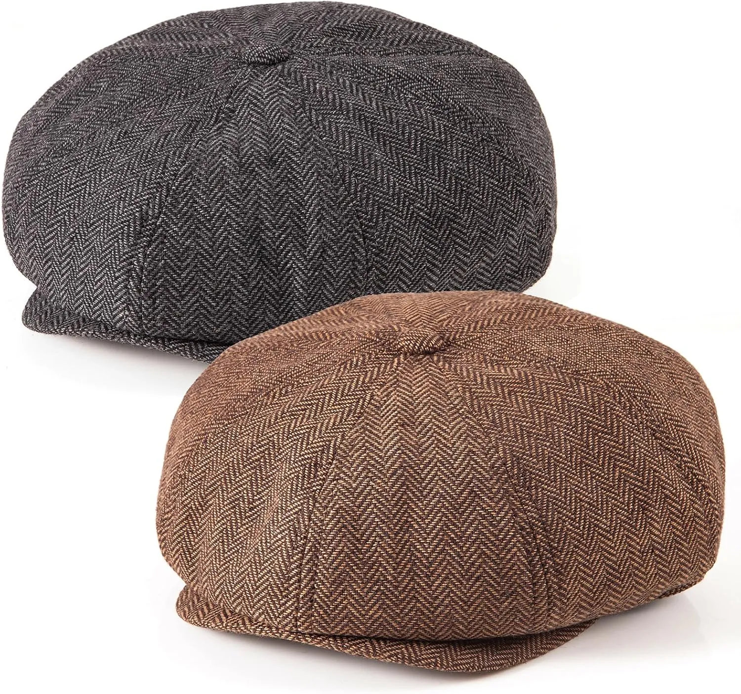 LADYBRO 2 Pack 8-Panel Newsboy Hats for Men Cabbie Wool Blend Tweed Irish Cap Adjustable