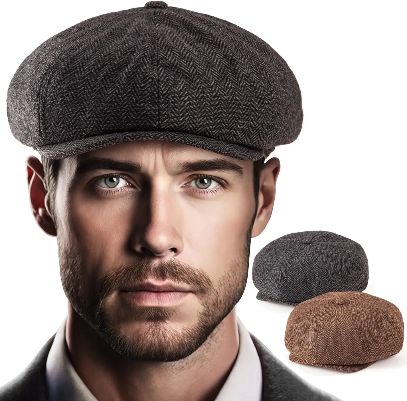 LADYBRO 2 Pack 8-Panel Newsboy Hats for Men Cabbie Wool Blend Tweed Irish Cap Adjustable