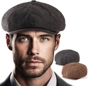 LADYBRO 2 Pack 8-Panel Newsboy Hats for Men Cabbie Wool Blend Tweed Irish Cap Adjustable