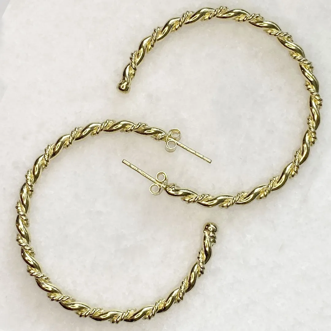 Lariat - Rope Twist Hoop and 14K Gold on Sterling Silver Large Earring