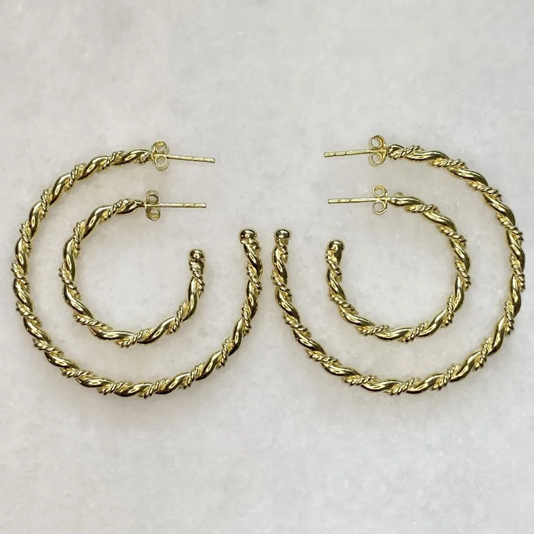 Lariat - Rope Twist Hoop and 14K Gold on Sterling Silver Large Earring