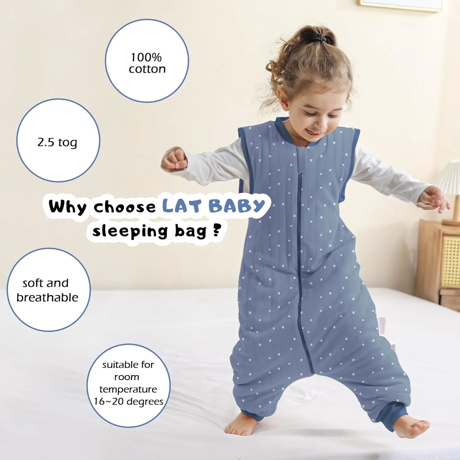 LAT Baby Sleep Bag with Feet Winter,Sleeveless Nightgowns Wearable Blanket with Legs,Warm Sack for Infant Toddler Thicken 2.5 TOG-Sleepsuit,1-6T(Blue White Stripes,L/100)