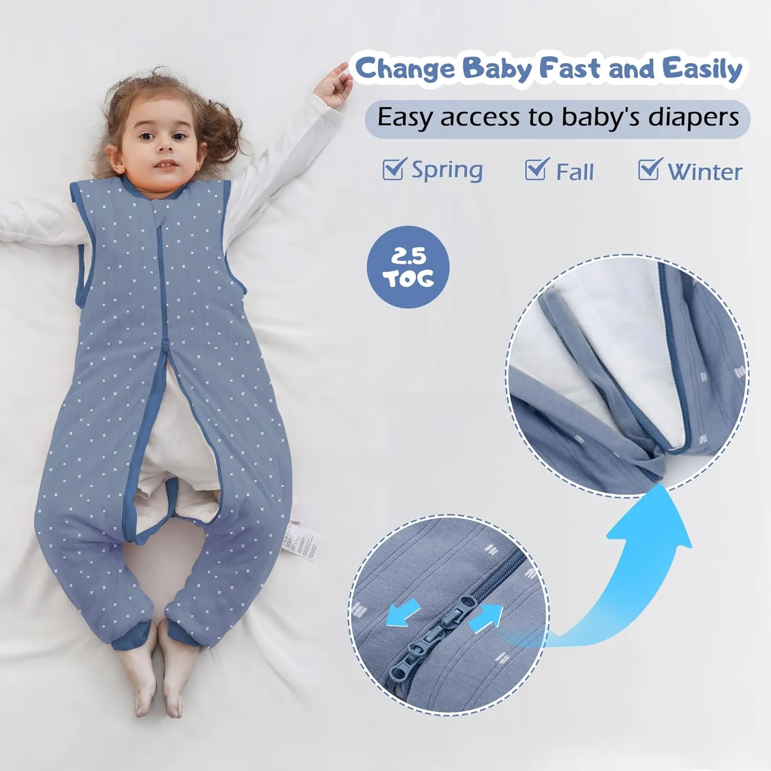LAT Baby Sleep Bag with Feet Winter,Sleeveless Nightgowns Wearable Blanket with Legs,Warm Sack for Infant Toddler Thicken 2.5 TOG-Sleepsuit,1-6T(Blue White Stripes,L/100)