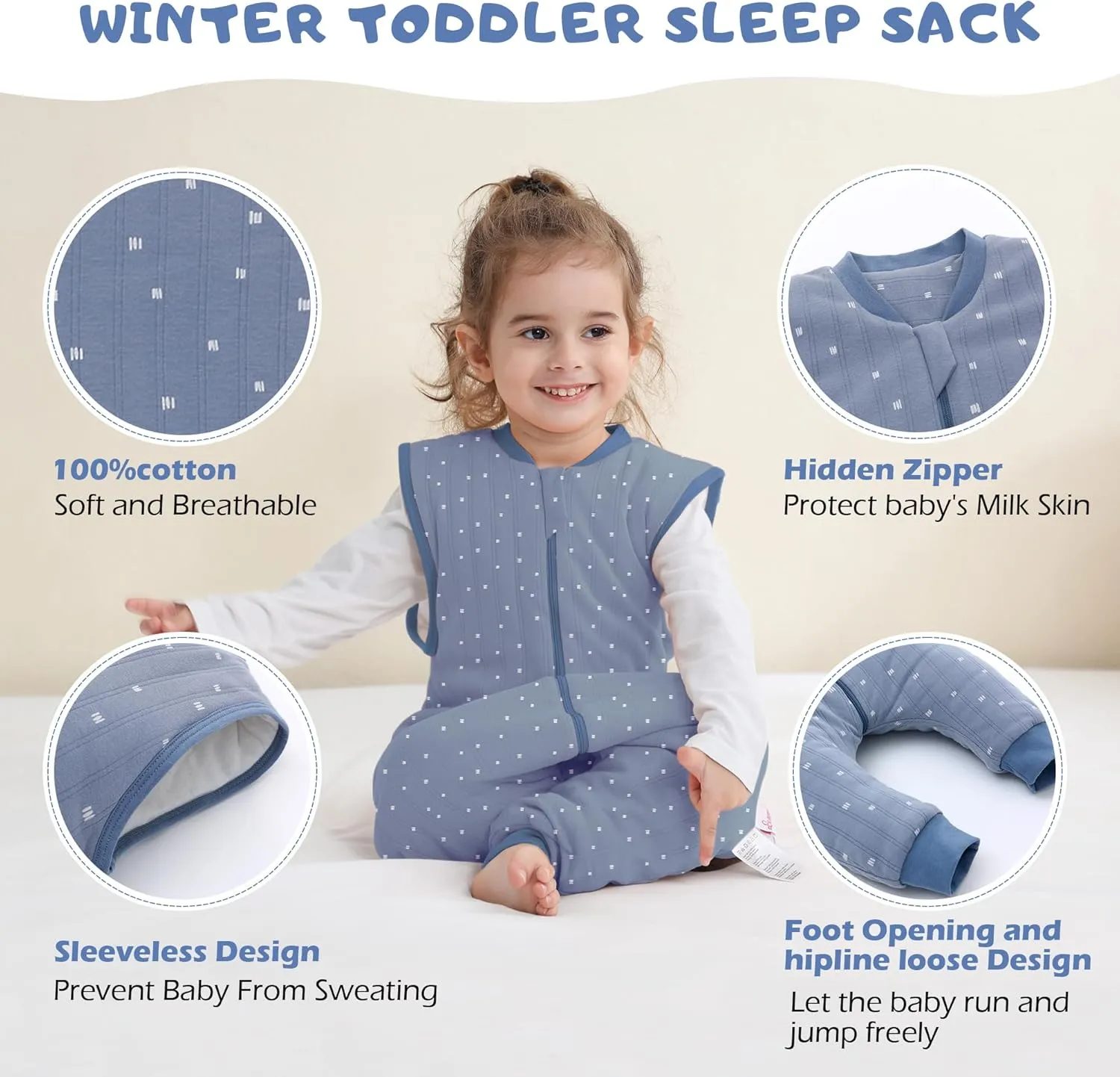 LAT Baby Sleep Bag with Feet Winter,Sleeveless Nightgowns Wearable Blanket with Legs,Warm Sack for Infant Toddler Thicken 2.5 TOG-Sleepsuit,1-6T(Blue White Stripes,L/100)