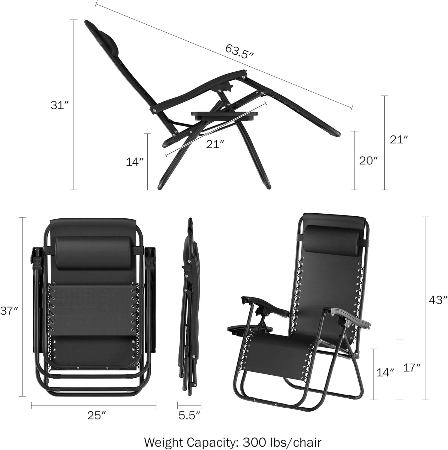 Lavish Home Set of 2 Zero-Gravity Chairs - Folding Patio Furniture - Outdoor Recliners with Side Table, Cup/Phone Holder, and Chair Pillow (Black)