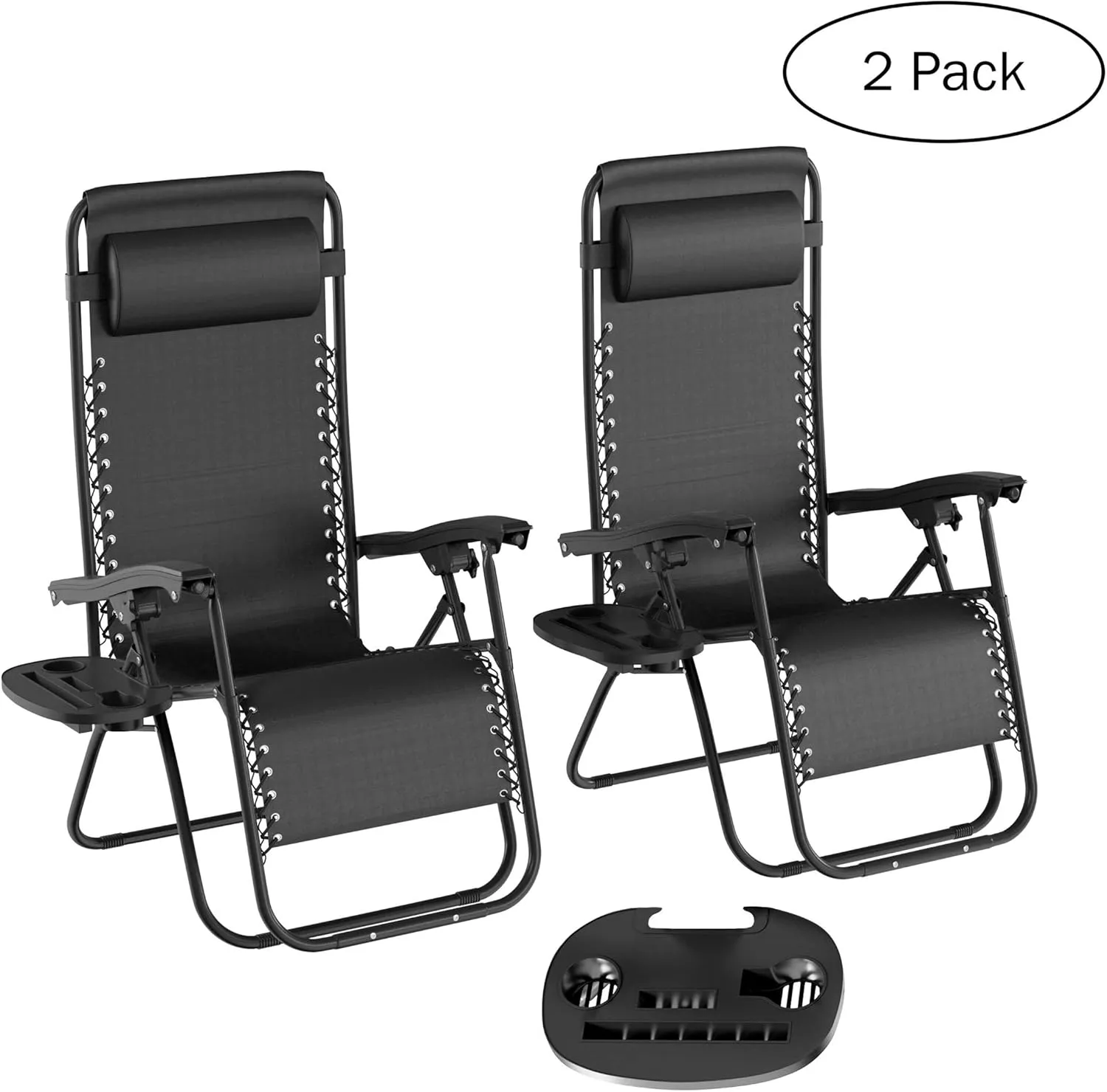 Lavish Home Set of 2 Zero-Gravity Chairs - Folding Patio Furniture - Outdoor Recliners with Side Table, Cup/Phone Holder, and Chair Pillow (Black)