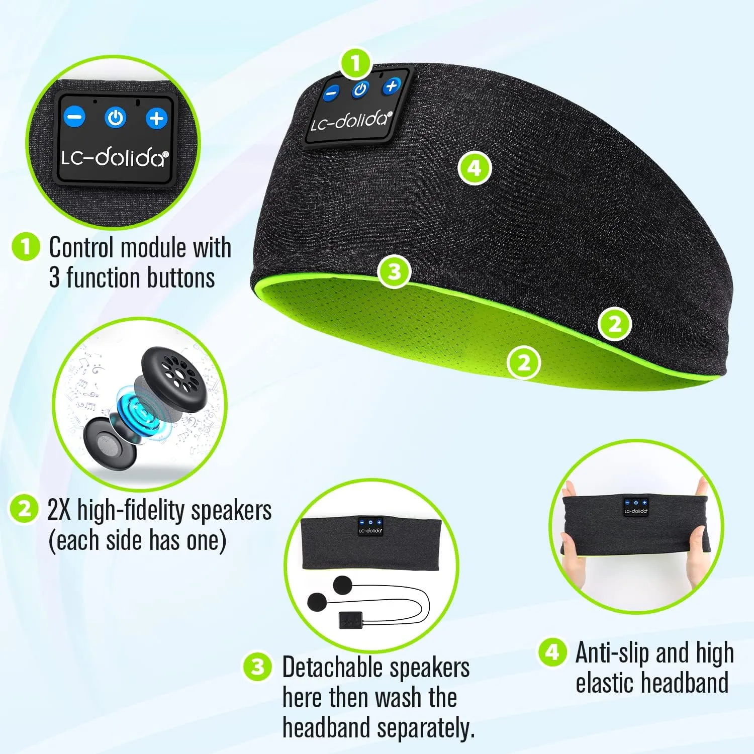 LC-dolida Sleep Headphones Bluetooth Headband, Wireless Earphones Built-in Speakers for Side Sleepers, Sleep Earbuds Gifts for Men, Women, Kids & Teens