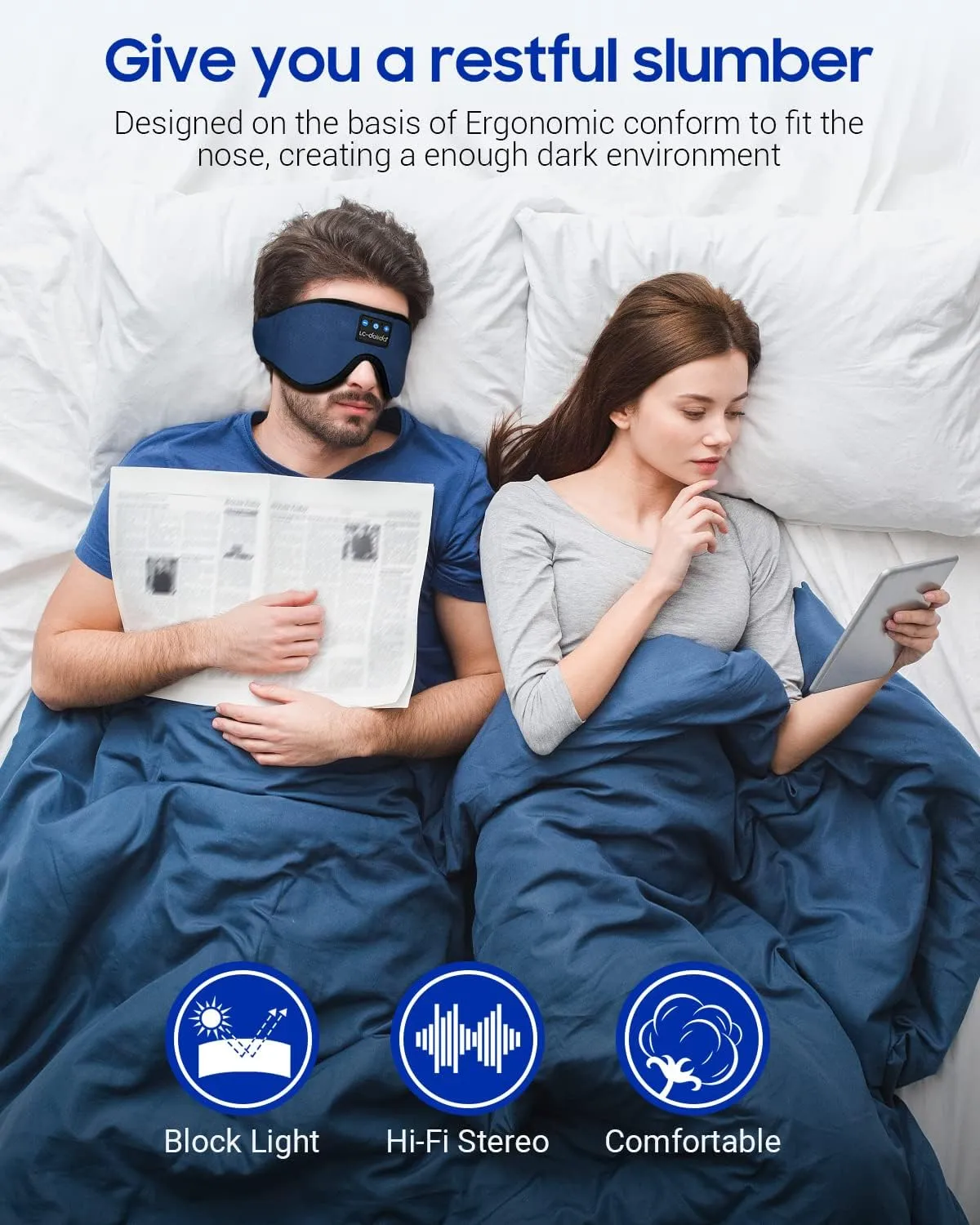 LC-dolida Sleep Headphones, Sleep Mask Bluetooth Wireless Music Eye Mask, Sleeping Headphones for Side Sleepers Sleep Mask with Bluetooth Headphones Ultra-Thin Stereo Speakers Perfect for Sleeping