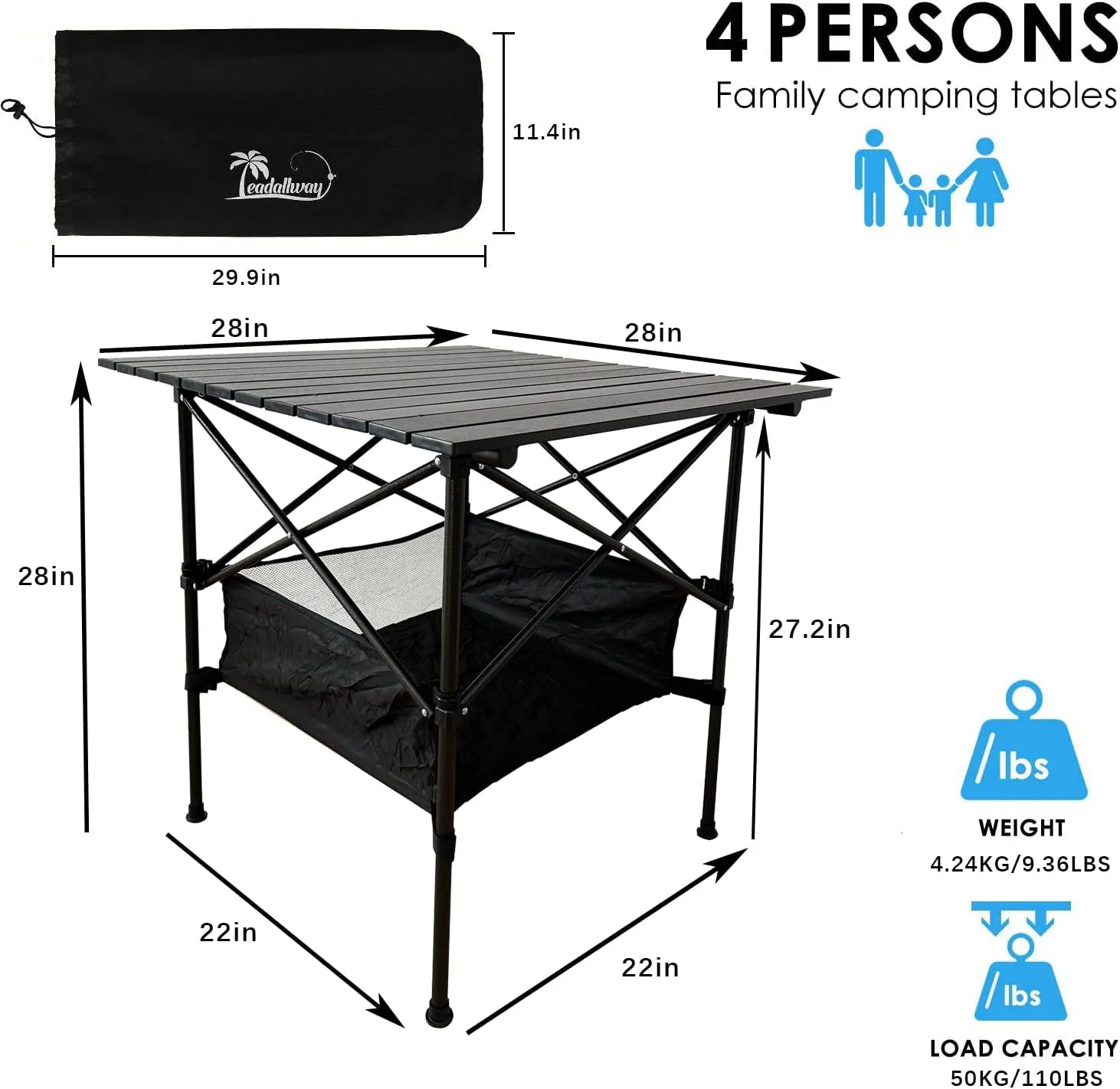 LEADALLWAY Folding Camping Table with Large Storage and Carrying Bags,28x28x28inchs