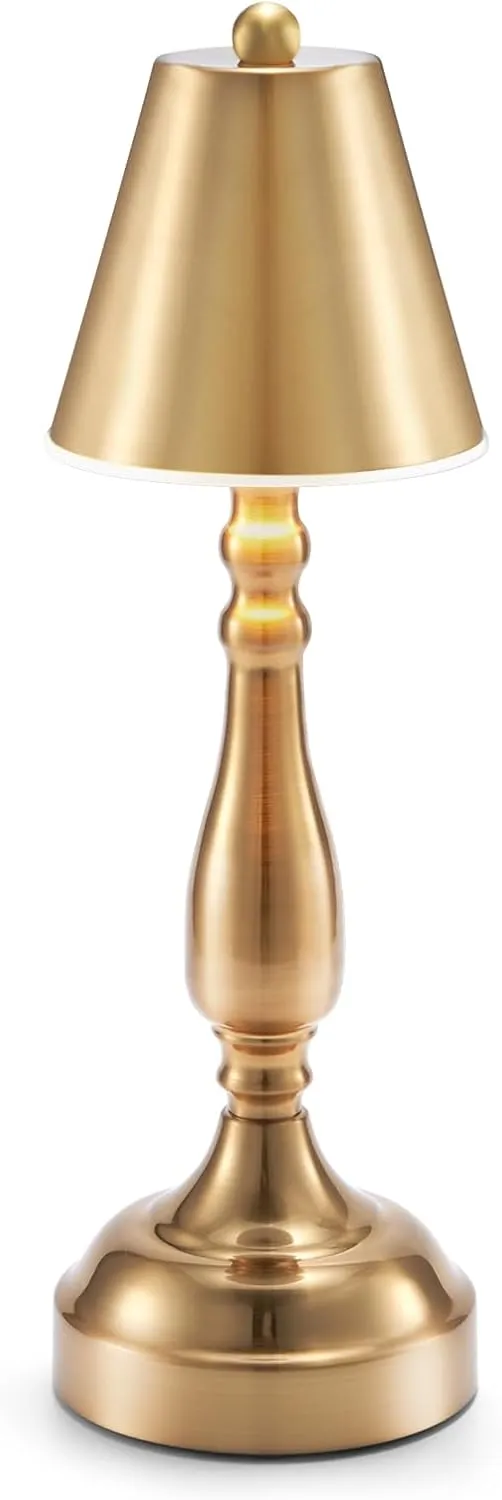 LED Cordless Rechargeable Table Lamp, Small Battery Operated Brass Gold Lamp for Restaurant Dining Dinner Table Countertop, Portable Metal Touch Dimmable Table Light for Bedside Bars Patio Outdoor
