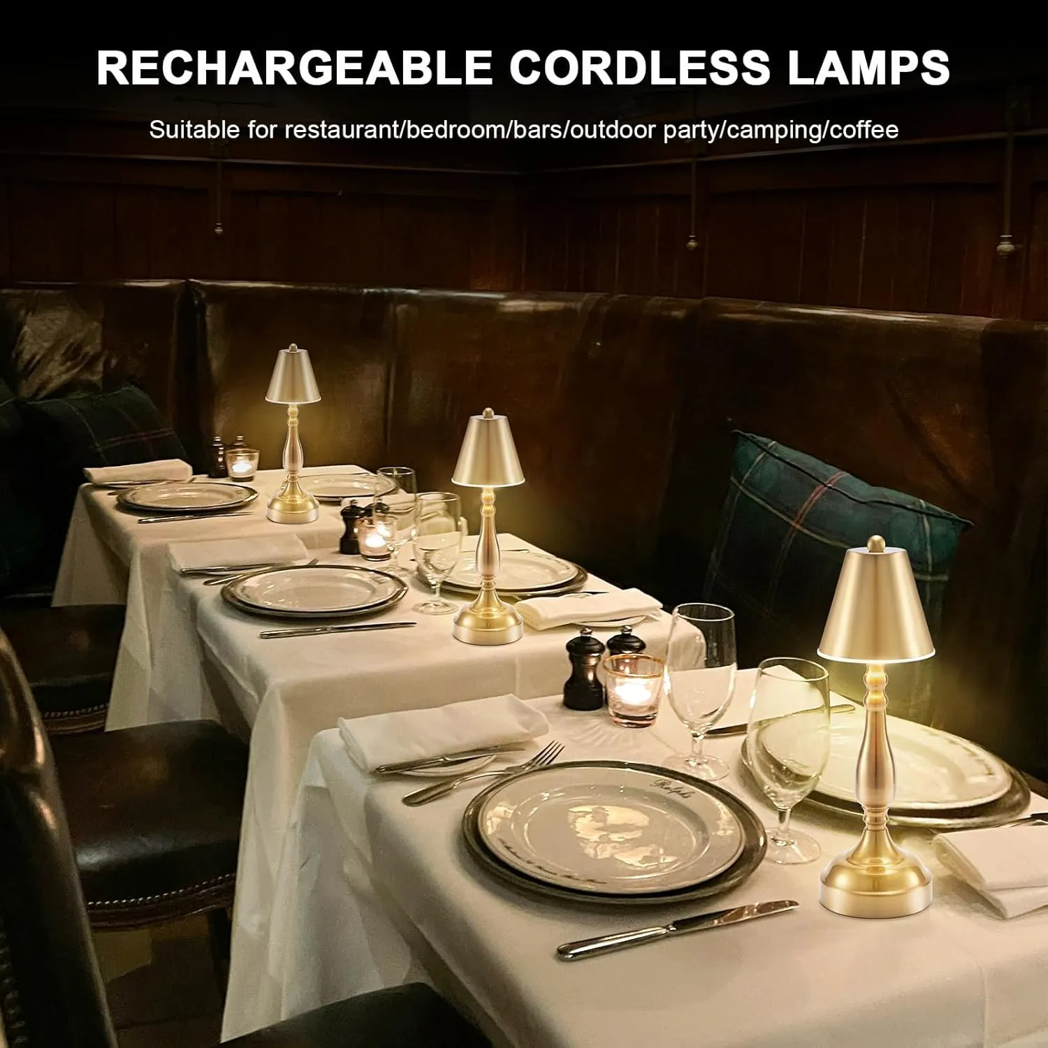 LED Cordless Rechargeable Table Lamp, Small Battery Operated Brass Gold Lamp for Restaurant Dining Dinner Table Countertop, Portable Metal Touch Dimmable Table Light for Bedside Bars Patio Outdoor