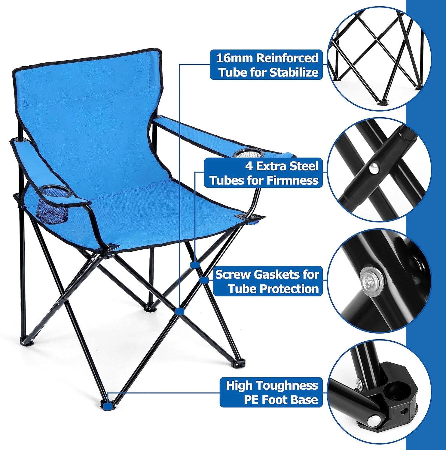 Leonyo 2Pcs Folding Camping Chairs, Portable Outdoor Lawn Chairs for Adults with Cup Holders, Carrying Bag for Outside Beach, Sports, Hiking, Blue