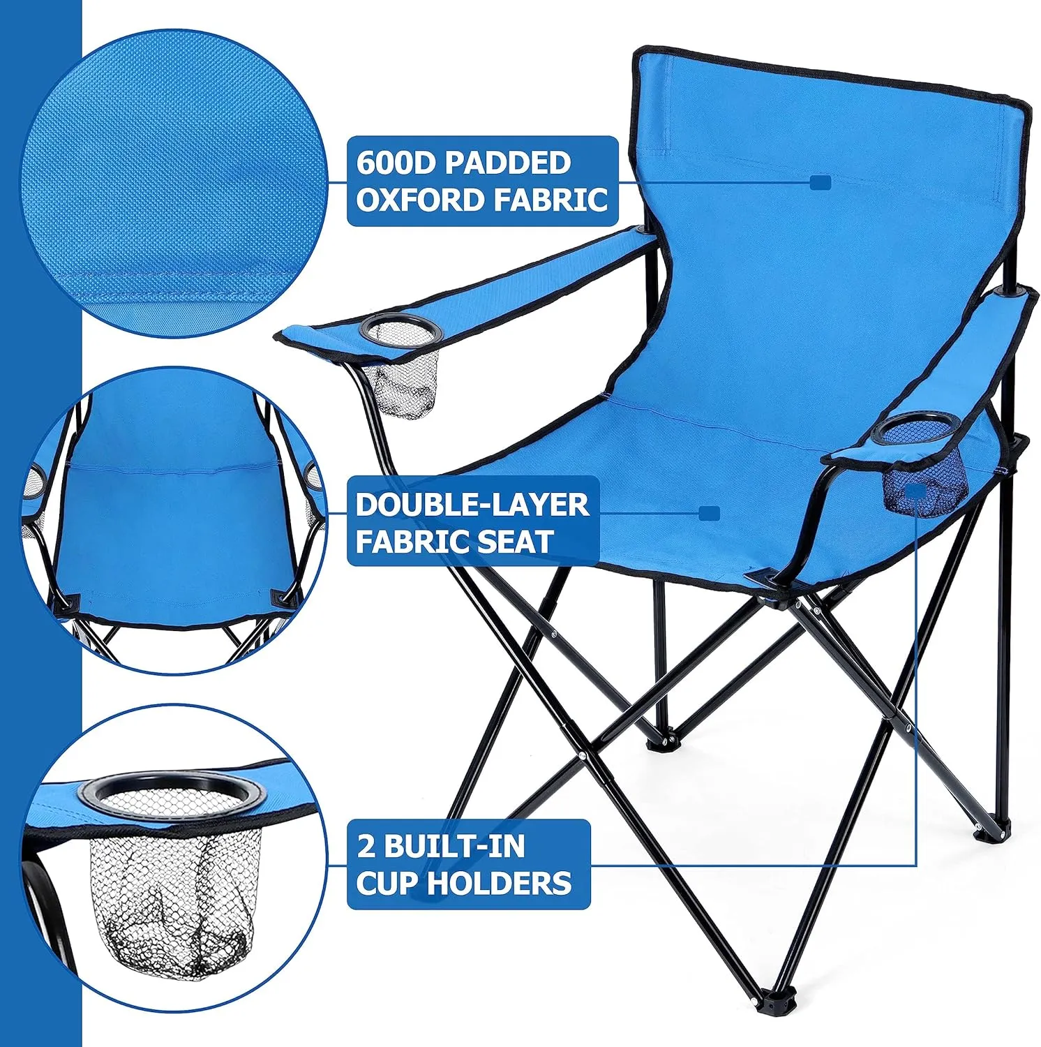 Leonyo 2Pcs Folding Camping Chairs, Portable Outdoor Lawn Chairs for Adults with Cup Holders, Carrying Bag for Outside Beach, Sports, Hiking, Blue