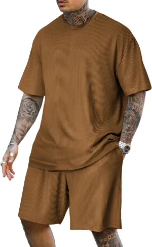 Lexiart Mens Casual 2 Piece Outfits-Short Sleeve Athletic Set Oversize T-Shirts Drawstring Tracksuit Set