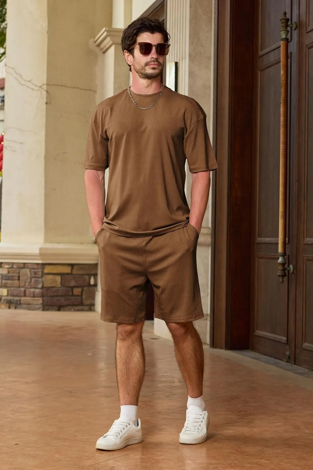 Lexiart Mens Casual 2 Piece Outfits-Short Sleeve Athletic Set Oversize T-Shirts Drawstring Tracksuit Set
