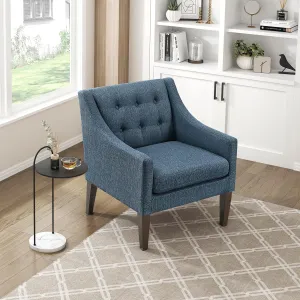 Lexicon Living Room Accent Chair, Textured Fabric Upholstered Arm Chair with Button Tufted Back, Sloped Arms and Wooden Legs, Blue