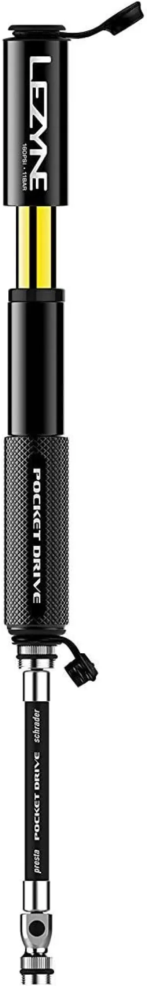 LEZYNE Pocket Drive HP Bicycle Hand Pump, High Pressure 160 PSI, Presta & Schrader Compatible, Durable CNC Aluminum, Compact, ABS Flex Hose, Bike Tire Pump