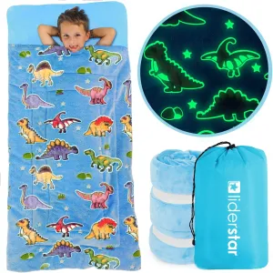 liderstar Dinosaur Sleeping Bags – Cozy Sleeping Bag for Boys Girls Aged 2-12 – Glow in The Dark Dinosaur Design – Ultra-Soft and Comforting Kids Sleeping Bag – 33 x 66-inch