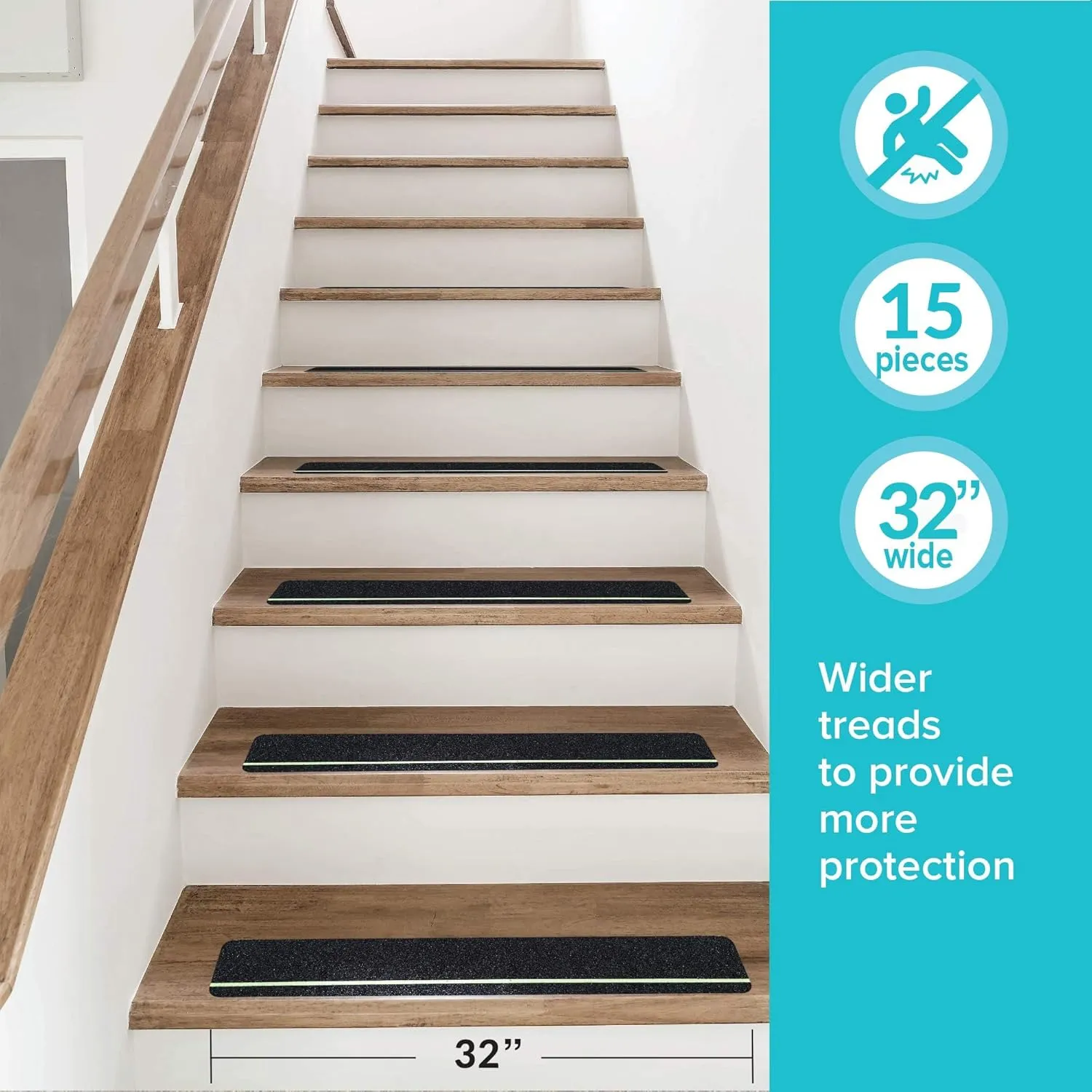 LifeGrip Anti Slip Traction Treads with Glow in Dark Stripe (15-Pack), 6" X 32", Best Grip Tape Grit Non Slip, Outdoor Non Skid Tape, High Traction Friction Abrasive Adhesive for Stairs Step