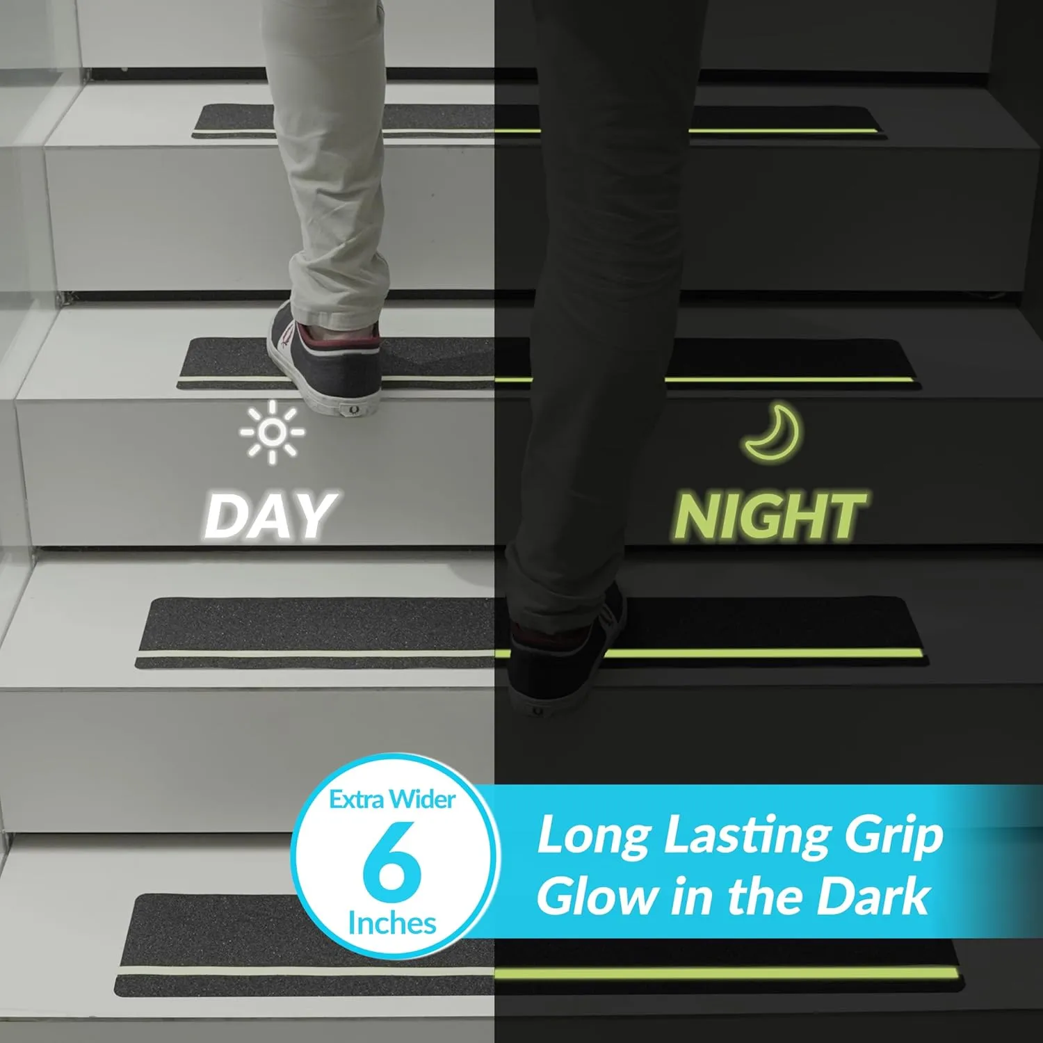 LifeGrip Anti Slip Traction Treads with Glow in Dark Stripe (15-Pack), 6" X 32", Best Grip Tape Grit Non Slip, Outdoor Non Skid Tape, High Traction Friction Abrasive Adhesive for Stairs Step