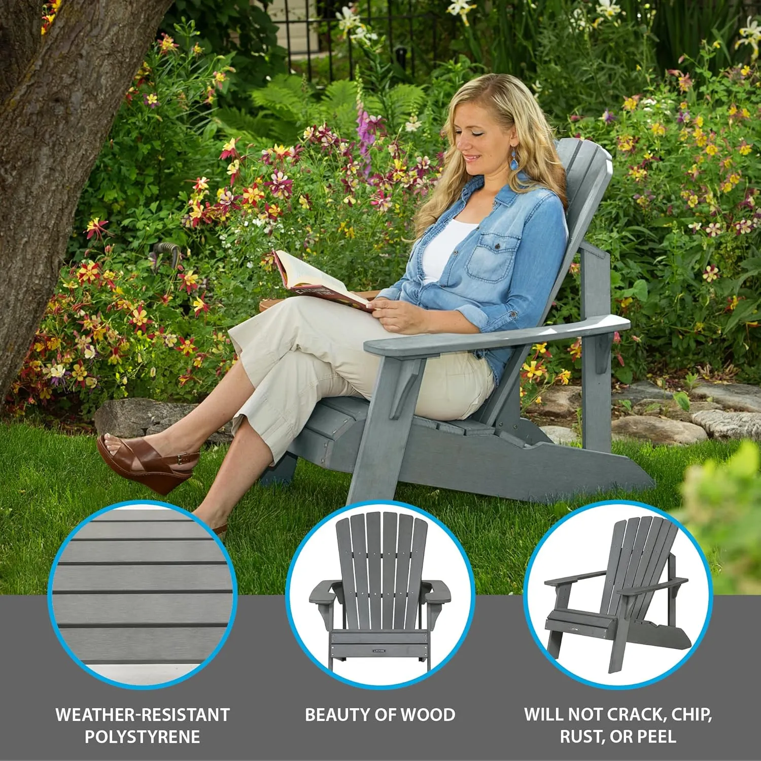 Lifetime Faux Wood Adirondack Chair, Gray - 60204 & 60292 Adirondack Table, Shale Stone