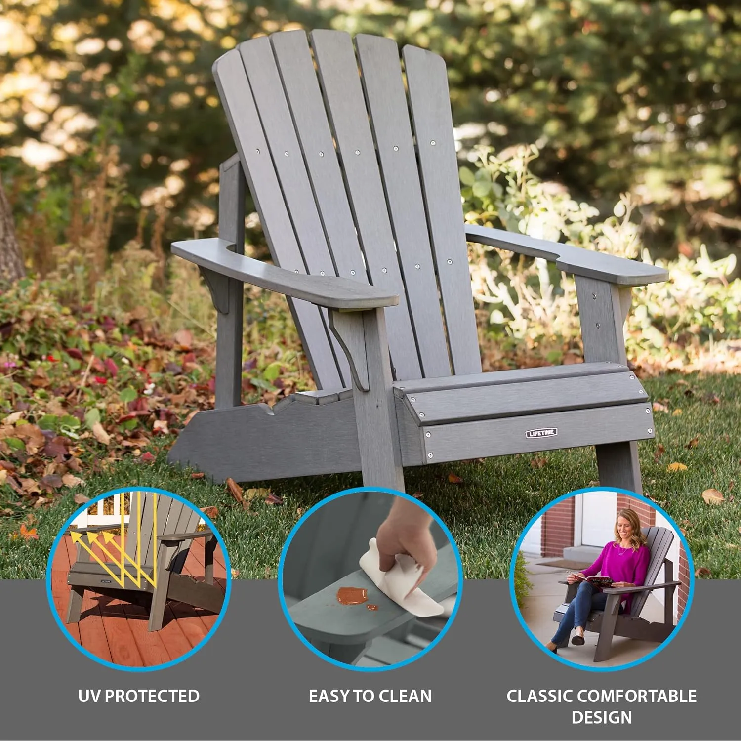 Lifetime Faux Wood Adirondack Chair, Gray - 60204 & 60292 Adirondack Table, Shale Stone