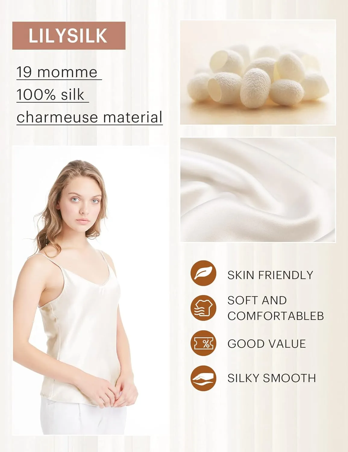 LilySilk Womens Silk Camisole 100% 19MM Mulberry Silk Basic Tank Tops Summer Casual Classic Top Loose