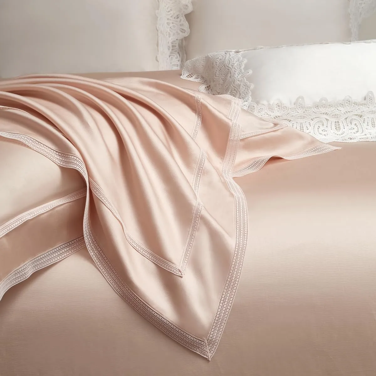 Linen Tencel Cotton Blended Sheets Pillowcase Set,1000TC Duvet Cover Set,Hollow Out Lace Design, All Seasons CN/US Size Bedding (Pink, Queen (C.N. Standard))