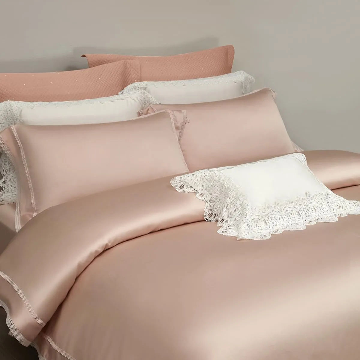 Linen Tencel Cotton Blended Sheets Pillowcase Set,1000TC Duvet Cover Set,Hollow Out Lace Design, All Seasons CN/US Size Bedding (Pink, Queen (C.N. Standard))