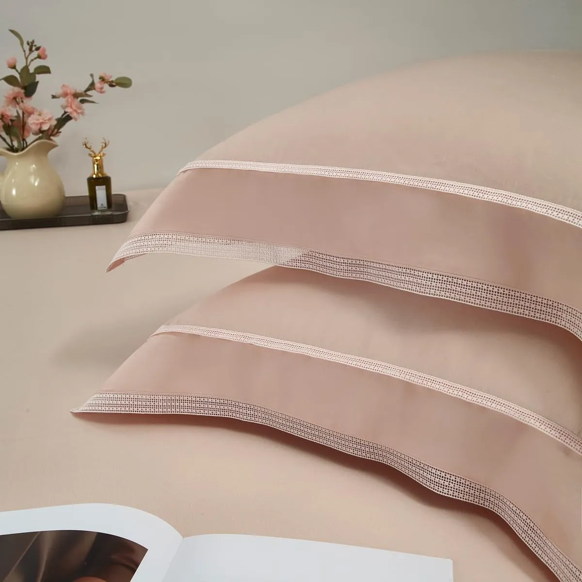 Linen Tencel Cotton Blended Sheets Pillowcase Set,1000TC Duvet Cover Set,Hollow Out Lace Design, All Seasons CN/US Size Bedding (Pink, Queen (C.N. Standard))