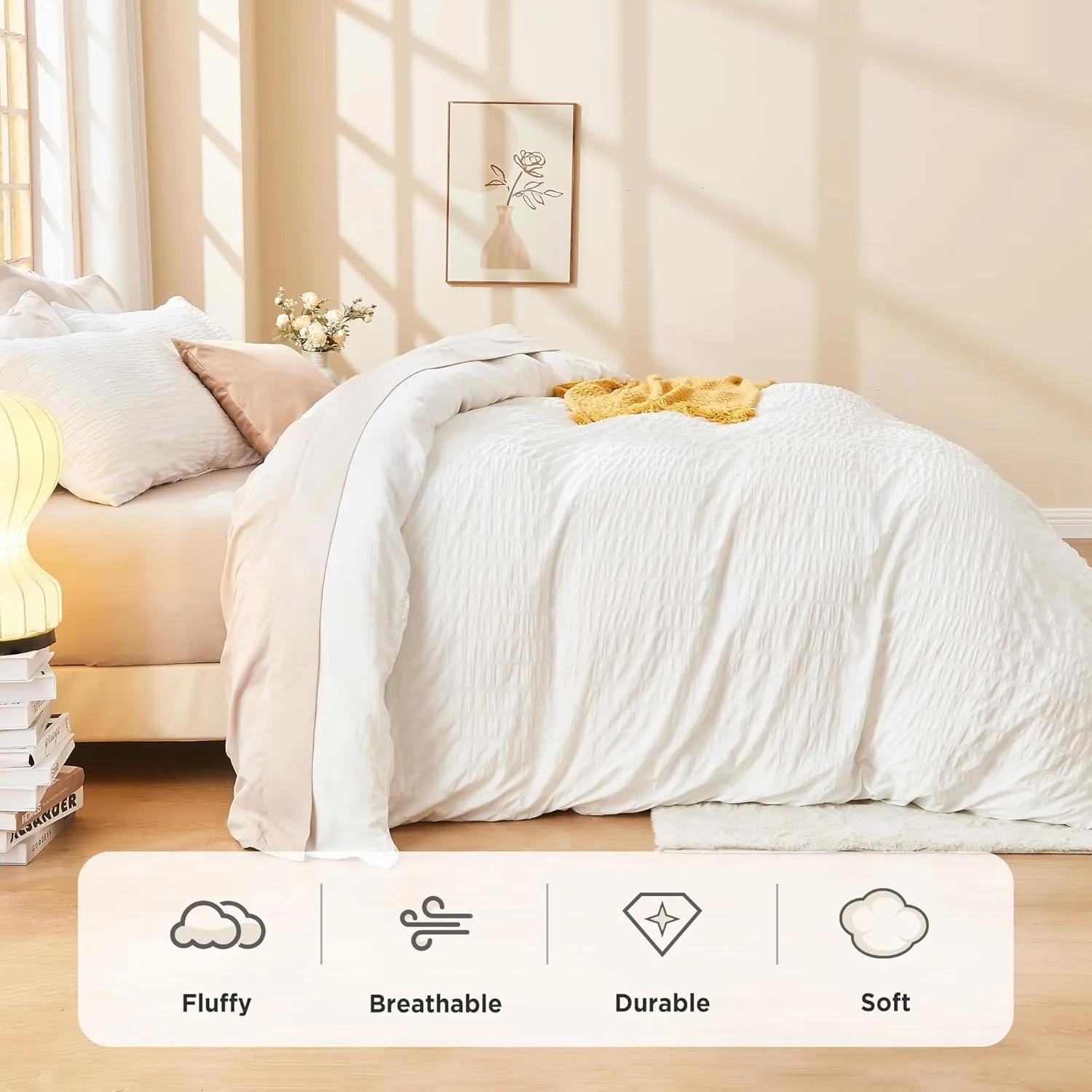 Litanika White Comforter Queen Size Set, 3 Pieces Lightweight Seersucker Bedding Comforters Sets, Soft Bed Set as Gifts (90x90In Comforter & 2 Pillowcases)
