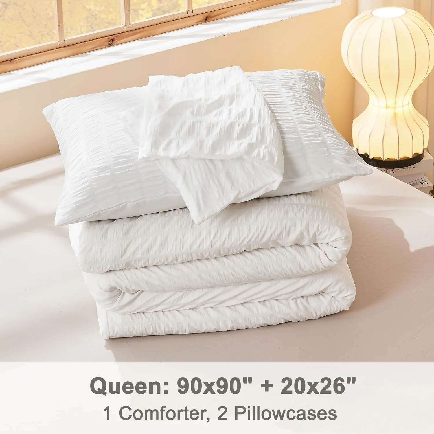 Litanika White Comforter Queen Size Set, 3 Pieces Lightweight Seersucker Bedding Comforters Sets, Soft Bed Set as Gifts (90x90In Comforter & 2 Pillowcases)