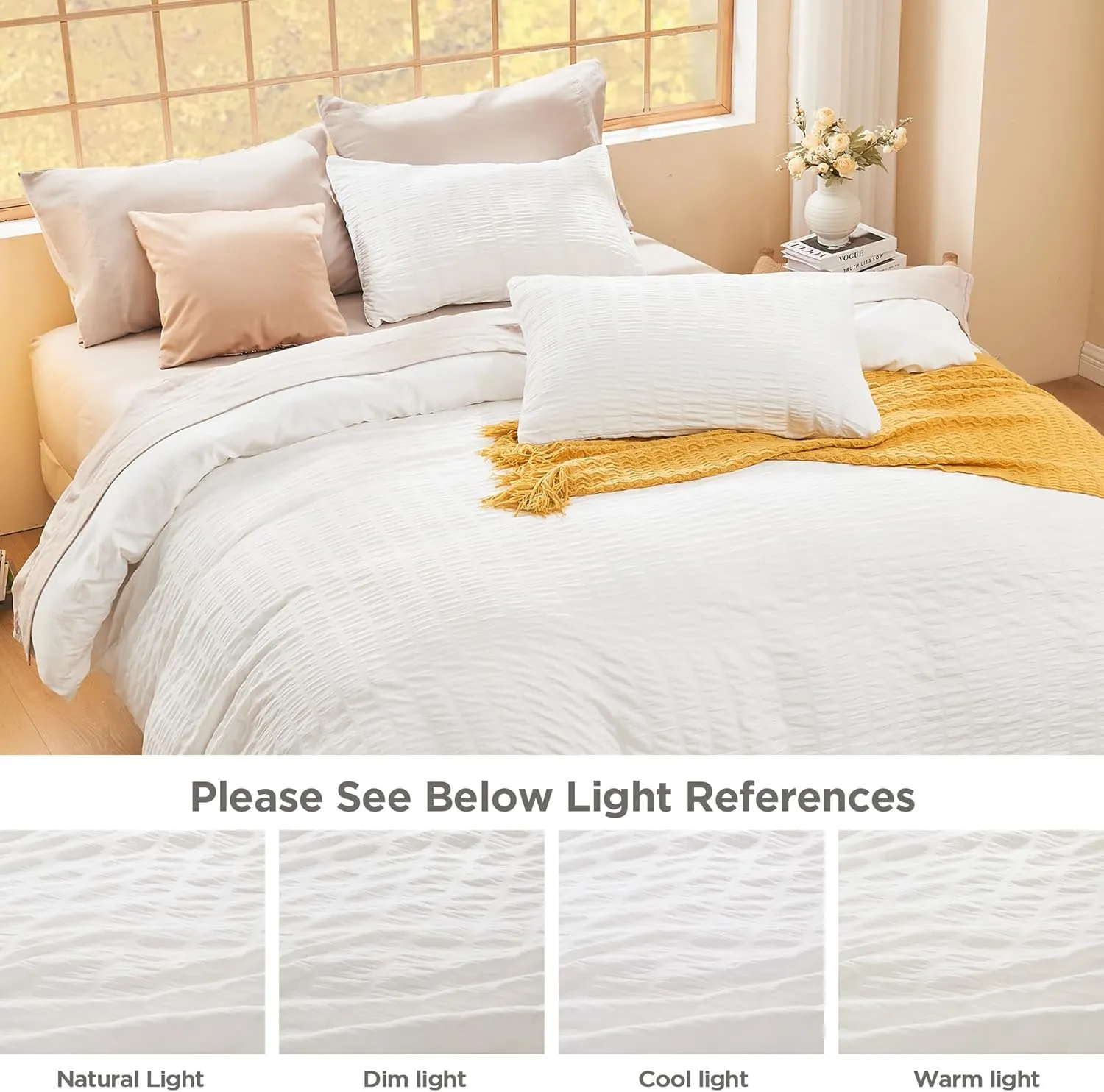 Litanika White Comforter Queen Size Set, 3 Pieces Lightweight Seersucker Bedding Comforters Sets, Soft Bed Set as Gifts (90x90In Comforter & 2 Pillowcases)