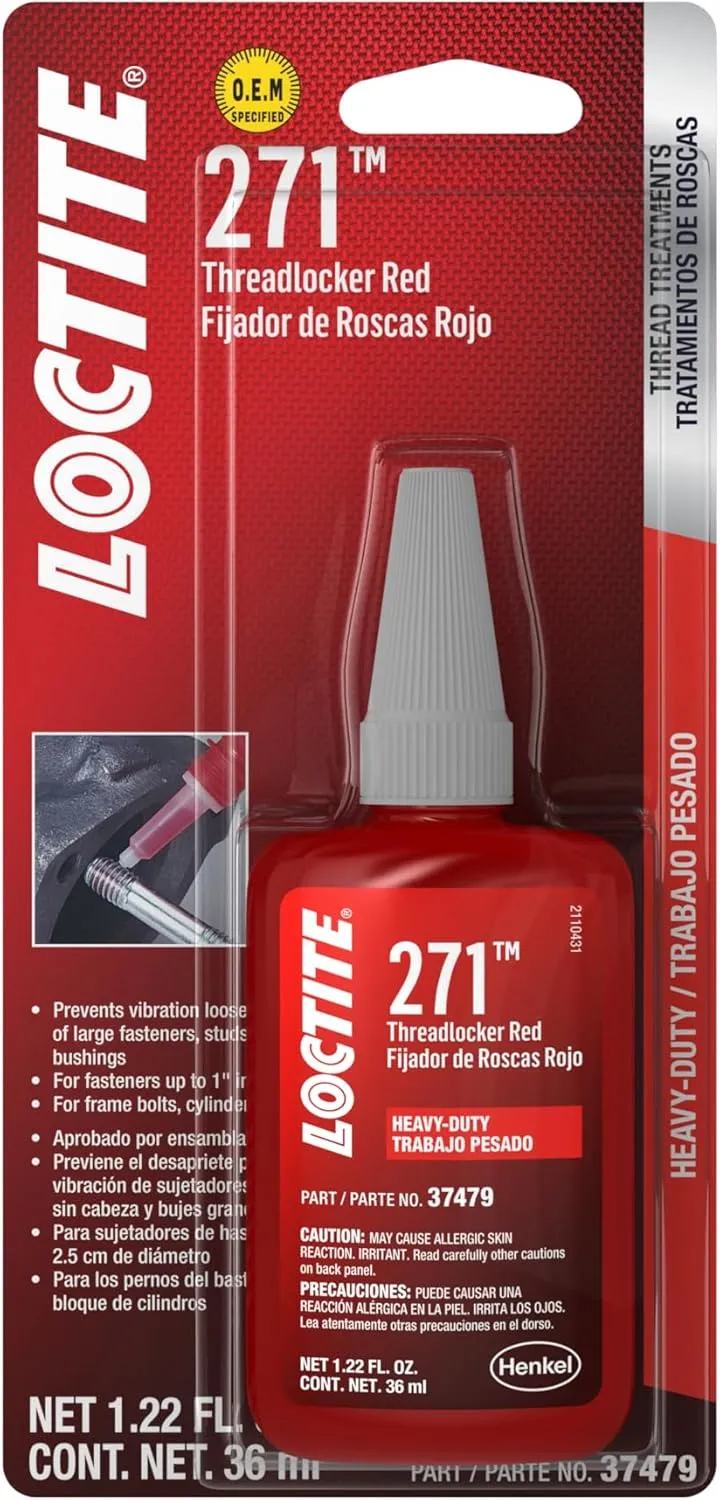 Loctite 271 Automotive Threadlocker Red - High Strength Thread Lock, Fluorescent, Heavy-Duty, Works on All Metals - 36 ml, 1 Pack
