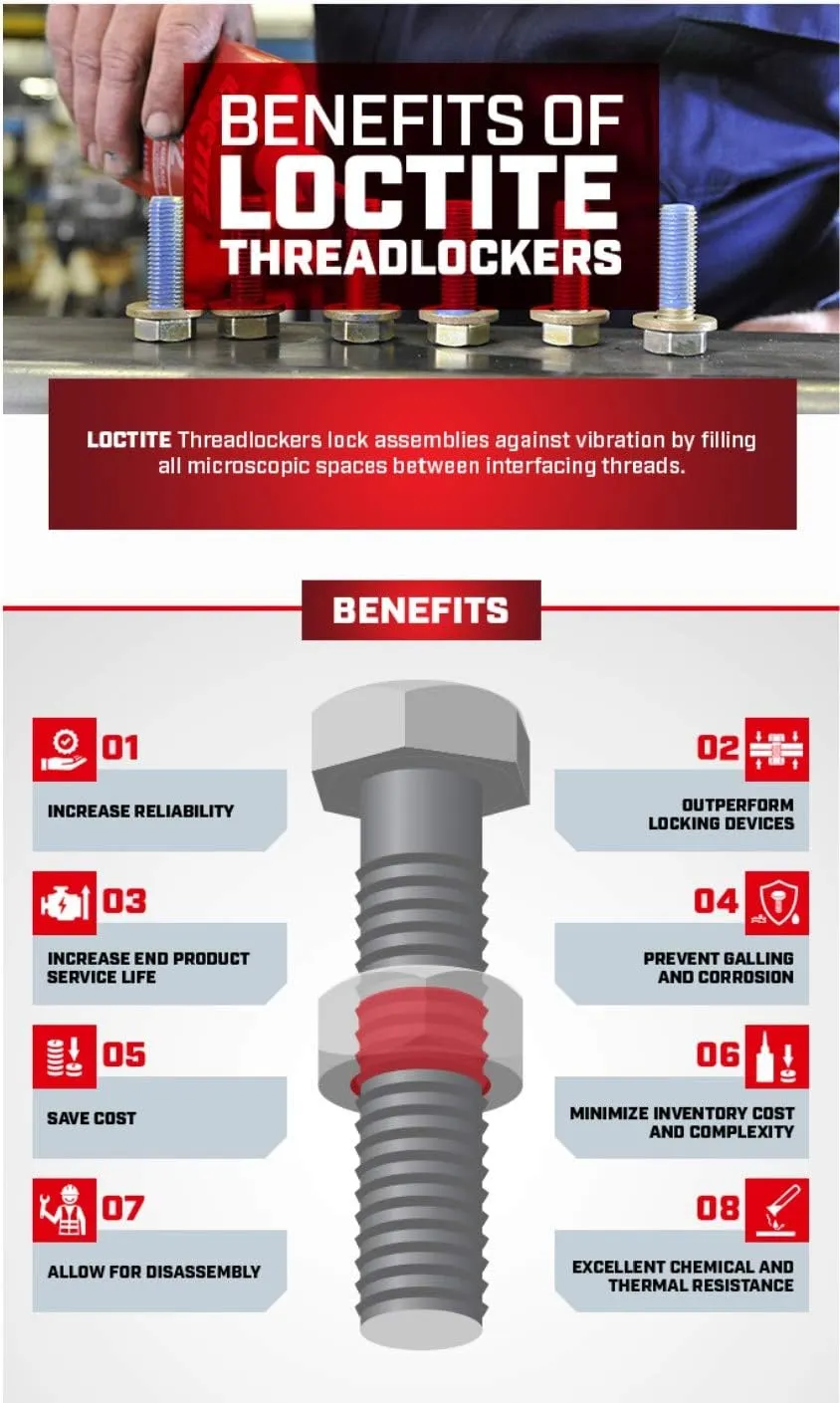 Loctite 271 Automotive Threadlocker Red - High Strength Thread Lock, Fluorescent, Heavy-Duty, Works on All Metals - 36 ml, 1 Pack