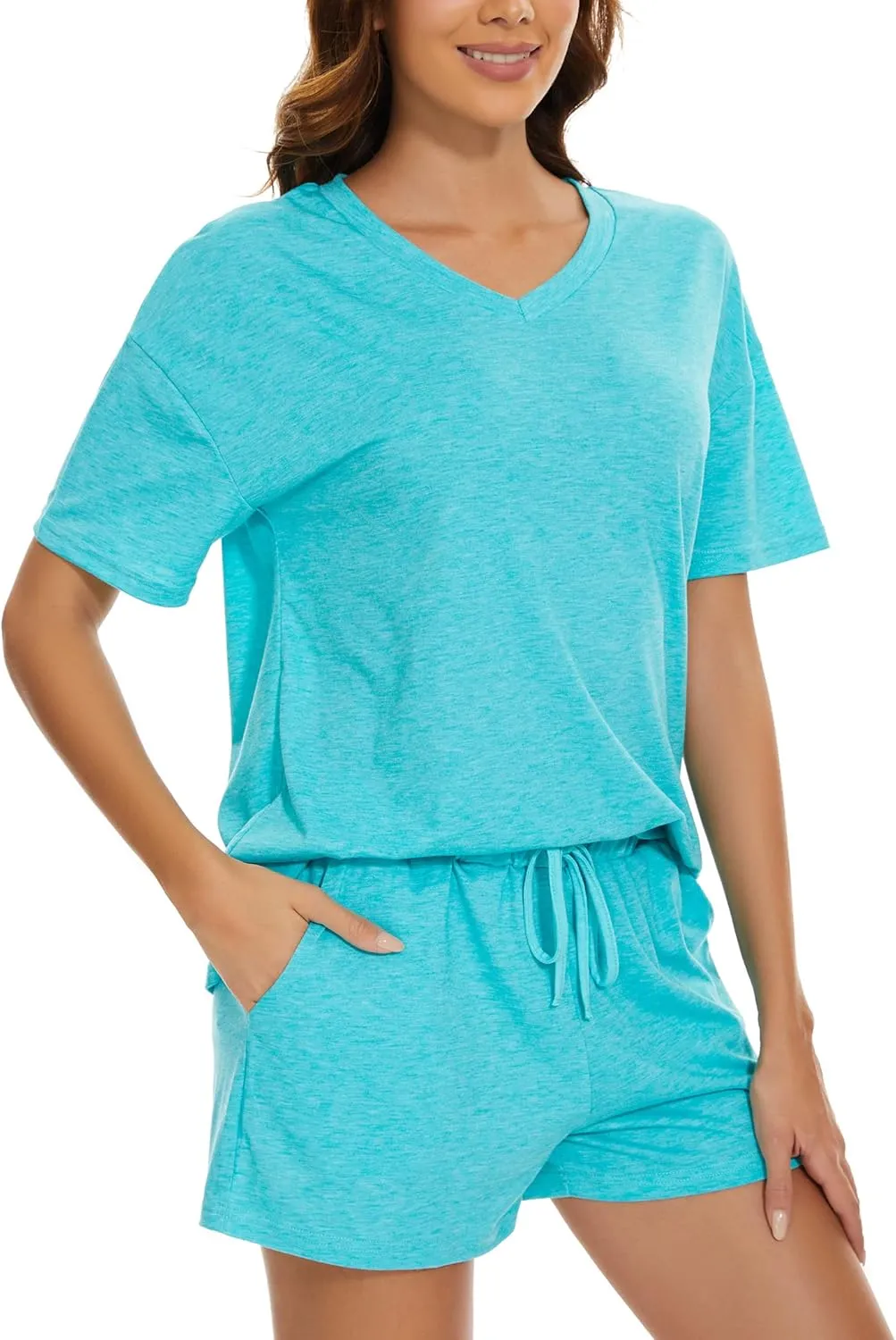 LOCUBE Women's Pajama Set Short Sleeve V-Neck & Pocketed Drawstring Shorts, Comfy Summer Lounge Set, S-XXL