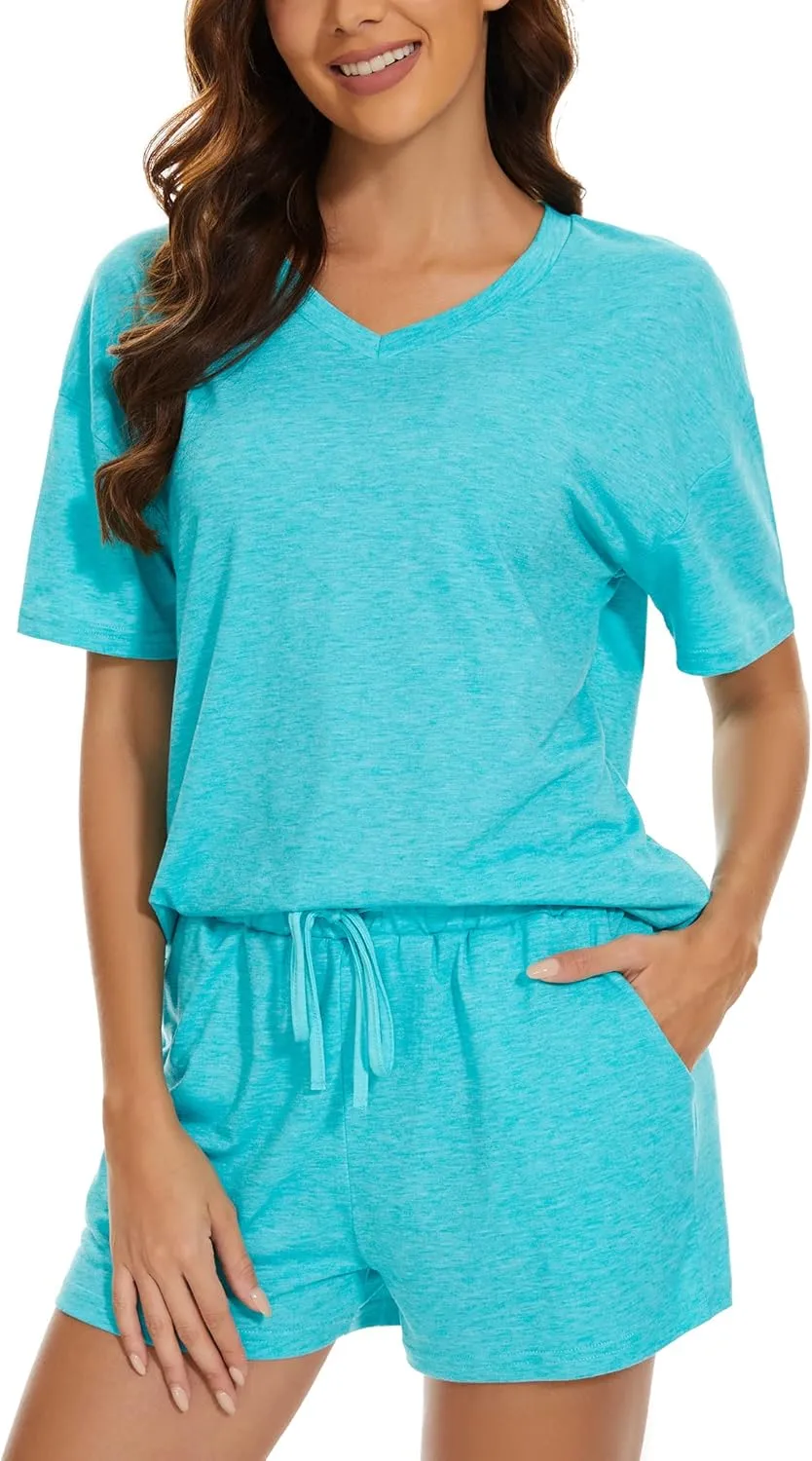 LOCUBE Women's Pajama Set Short Sleeve V-Neck & Pocketed Drawstring Shorts, Comfy Summer Lounge Set, S-XXL